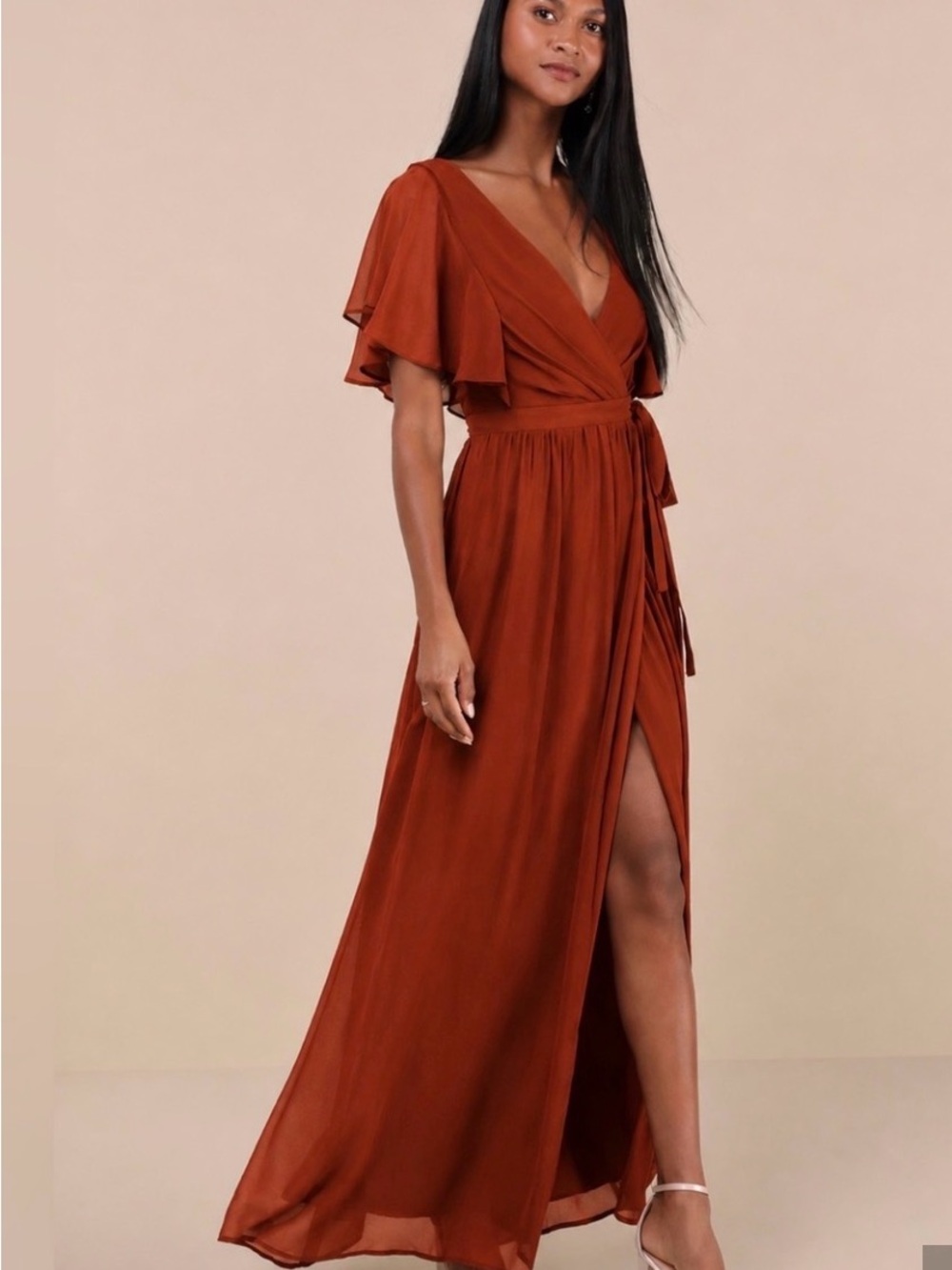 Lulu's XL rust Burnt dark Orange Wrap Maxi Dress with Flutter Sleeves nwt